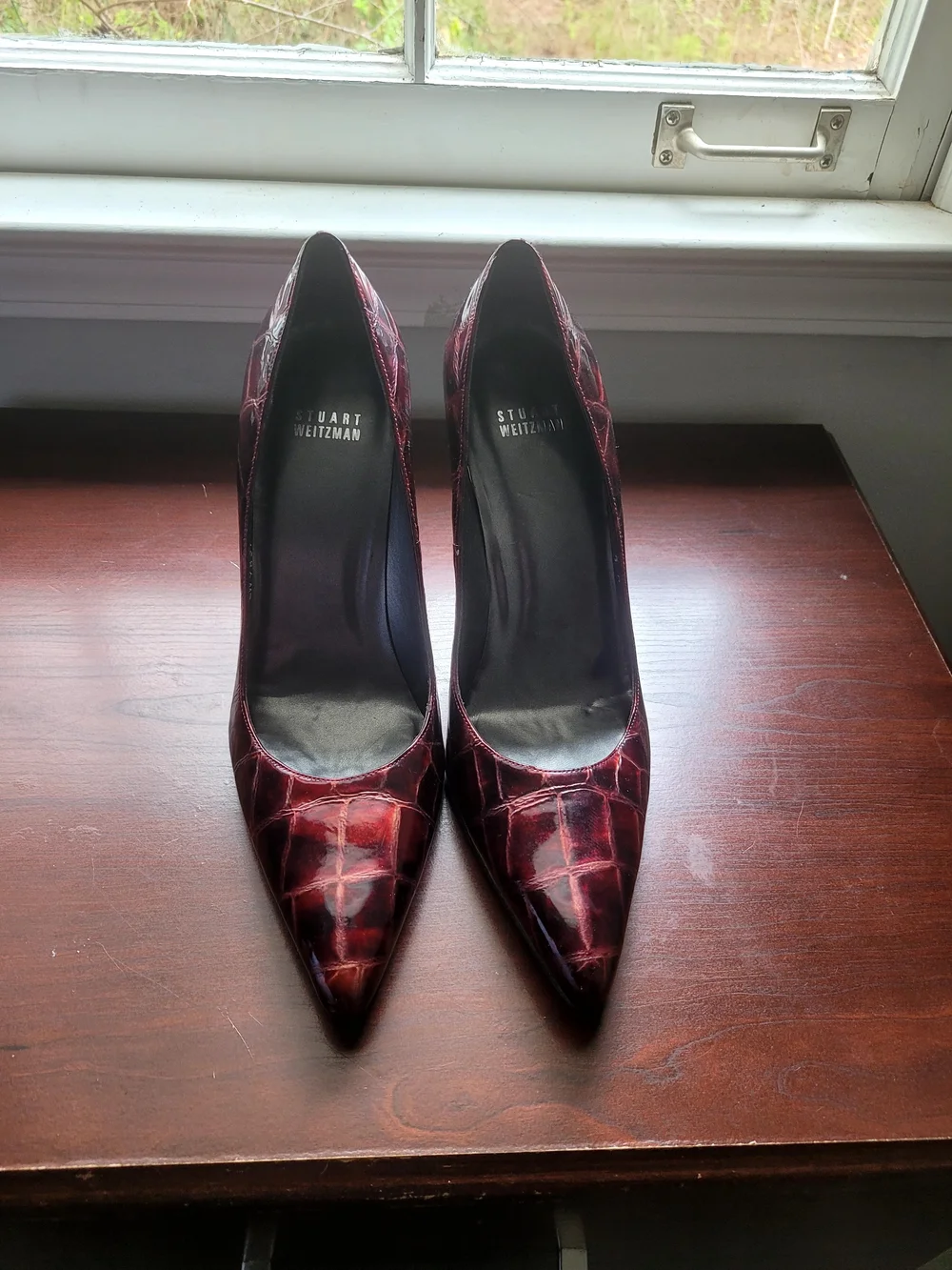 Stuart Weitzman Women's Burgundy Croc Patent Pointed-Toe Pumps
